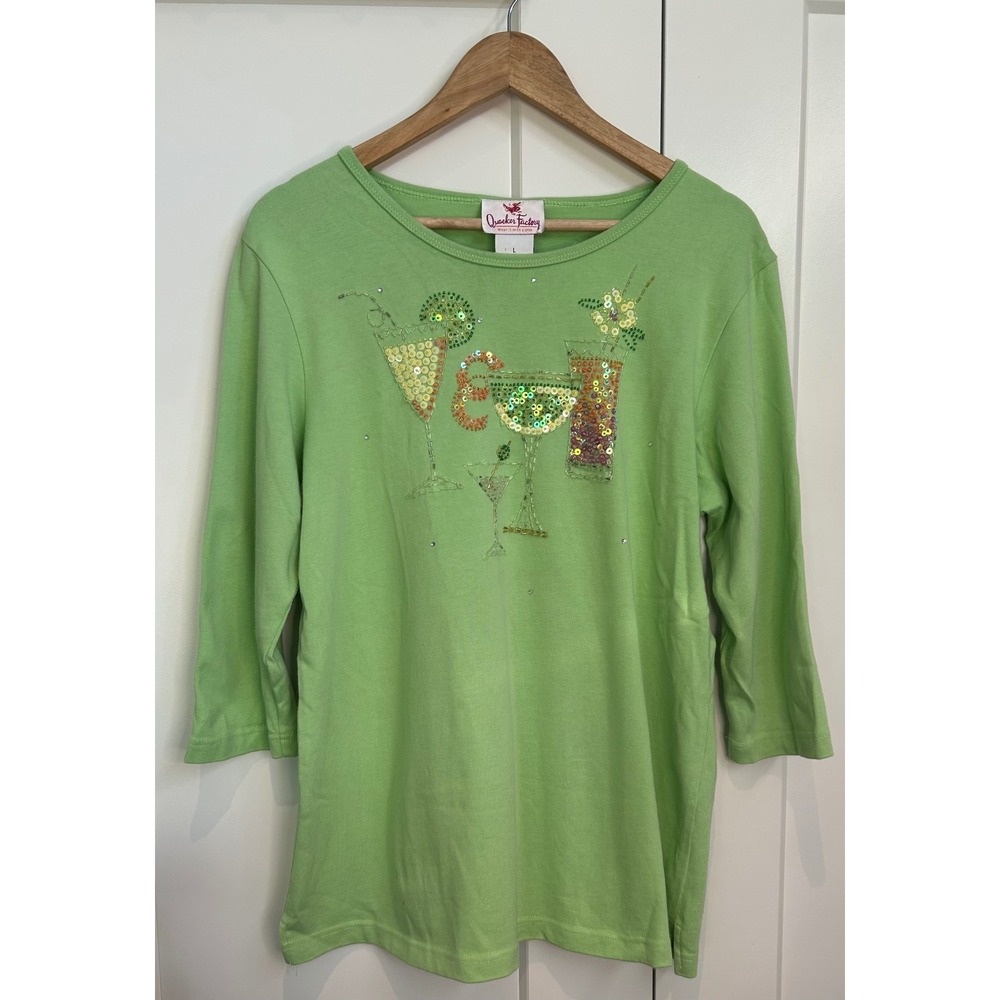 Quacker Factory Lime Green Cocktail Sequin Top Large 3/4‎ Sleeve Margarita Shirt